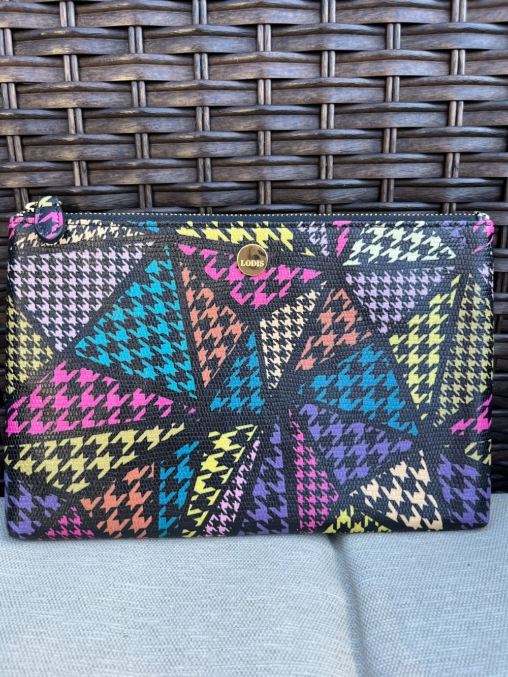 NWOT Lodis Multicolor Houndstooth Zip Pouch - Black, Pink, Blue, Yellow, Purple